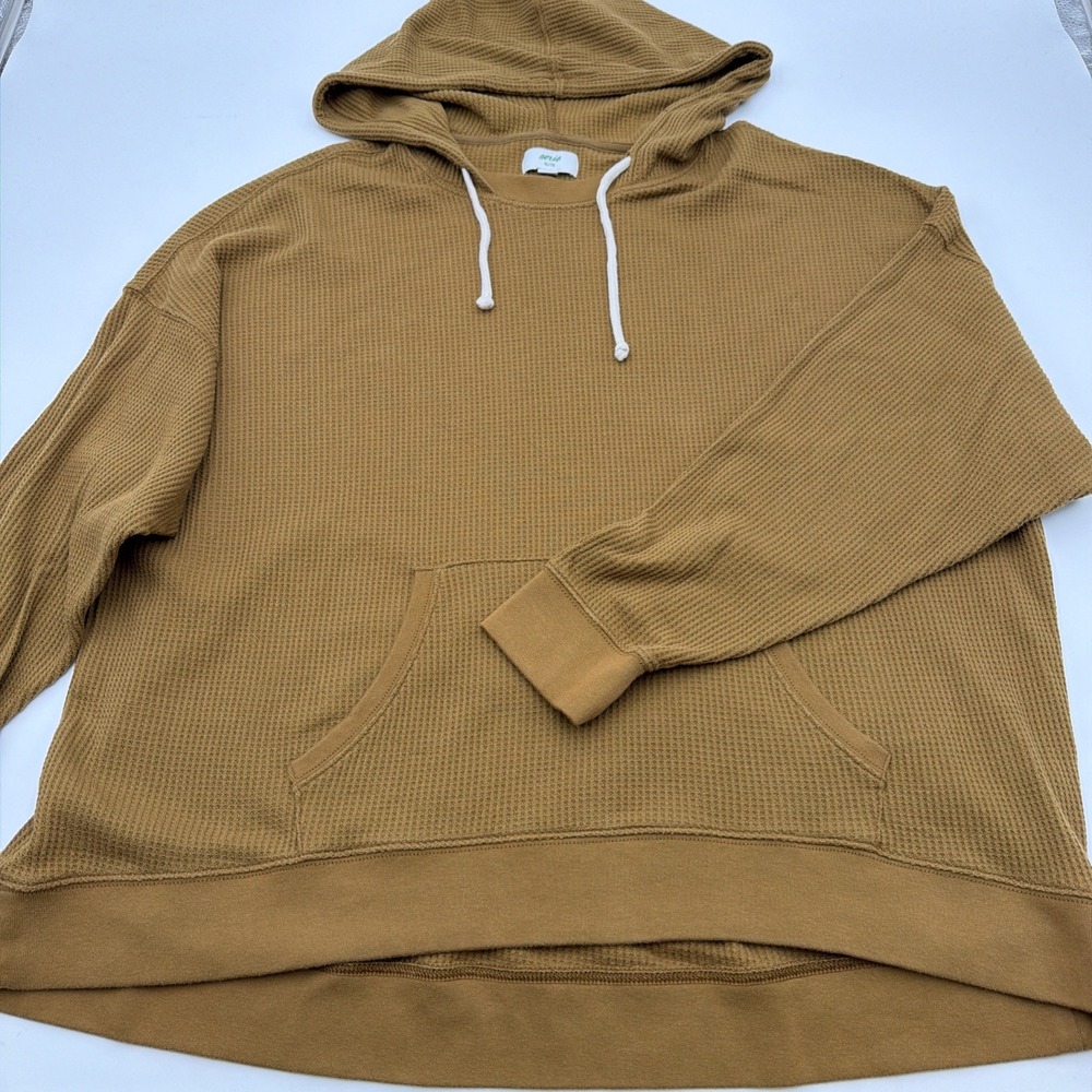 Aerie Dark Mustard Yellow Waffle Knit Hooded Pullover Sweatshirt Loungewear XL